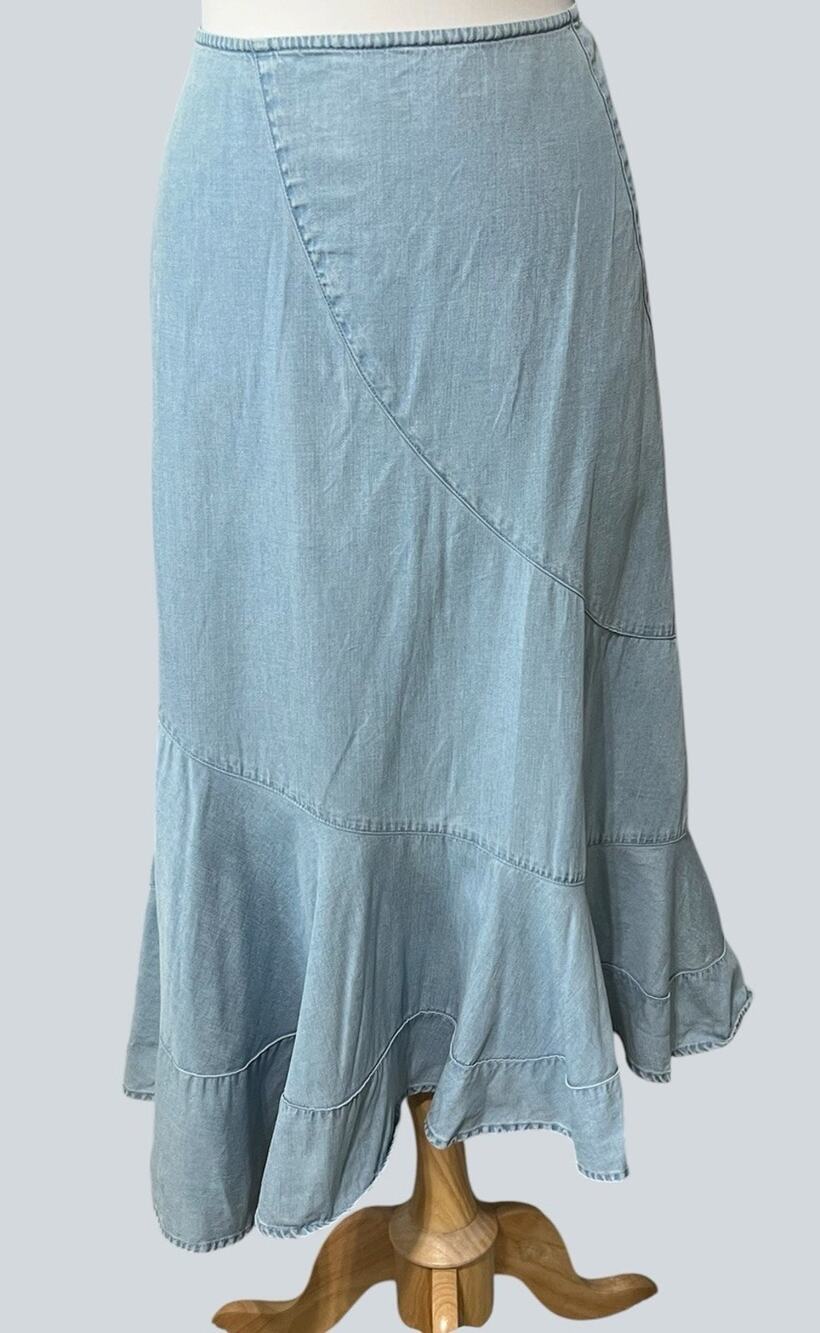 Emma James Sz 14 Tiered Midi Prairie Skirt Denim Chambray Cowgirl Western Prairi